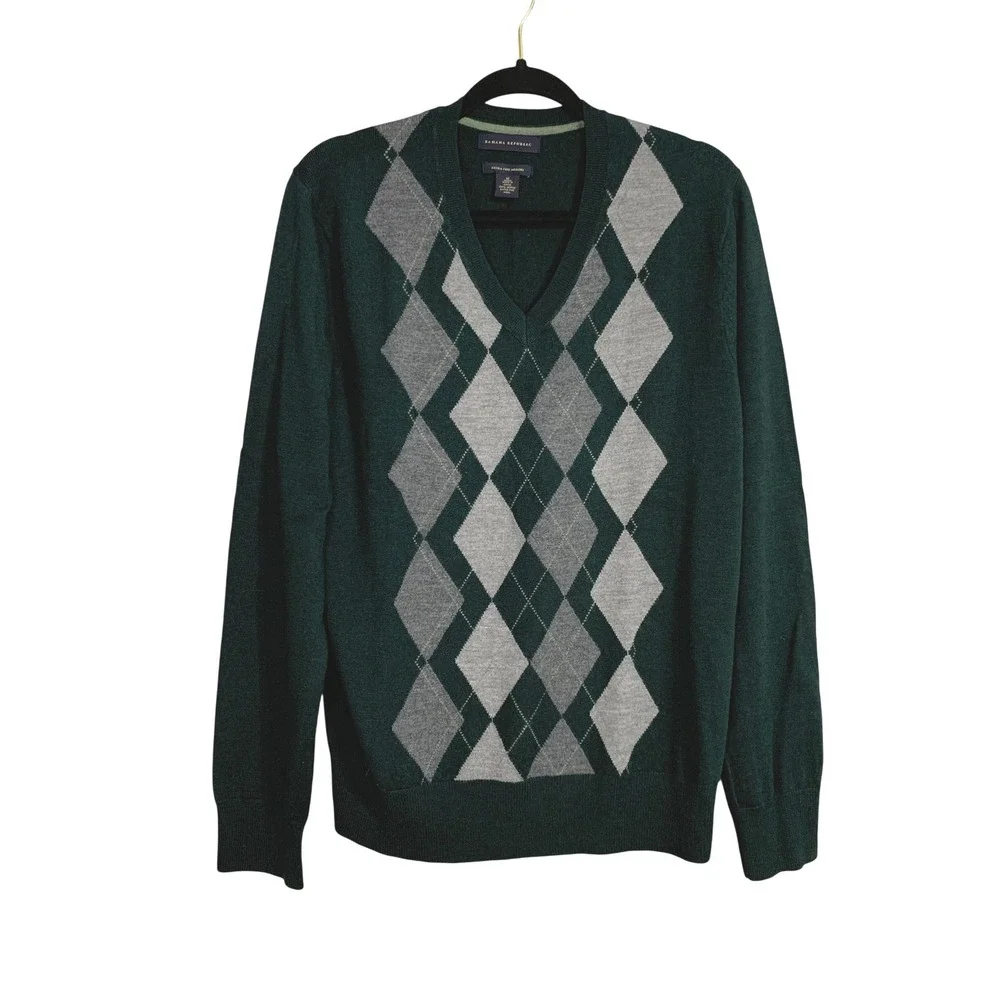 Banana Republic Extra Fine Merino Wool‎ Argyle V Neck Sweater Mens Medium